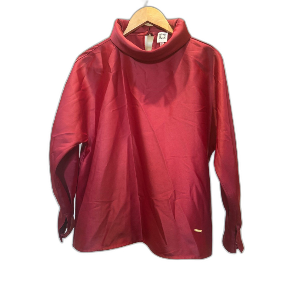 Anne Klein Burgundy Satin Mock-Neck Long-Sleeve blouse. XS Holiday/Party/Busines